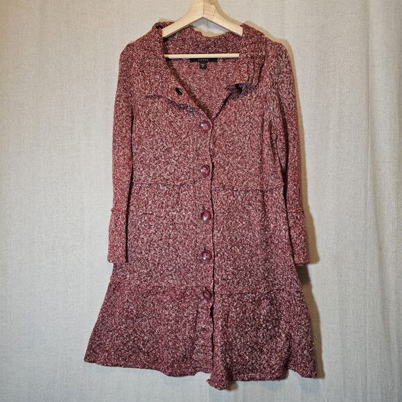 Long Fever Women's Medium Sweater Coat Cardigan Knit Red Burgundy Bell Sleeve - Picture 1 of 9